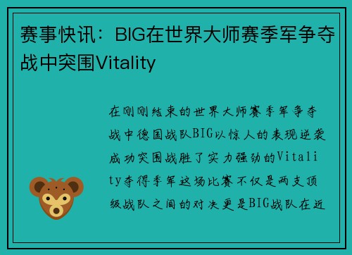 赛事快讯：BIG在世界大师赛季军争夺战中突围Vitality