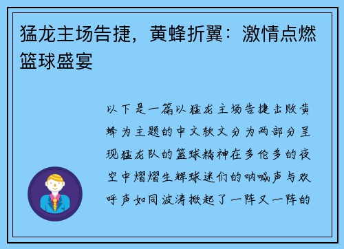 猛龙主场告捷，黄蜂折翼：激情点燃篮球盛宴